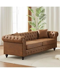 Maison Boucle 85.5'' Wide Chesterfield Sofa, Polyester 3 Seater Couch, 2 Pillows