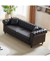 Maison Boucle 85.5'' Wide Chesterfield Sofa, Polyester 3 Seater Couch, 2 Pillows
