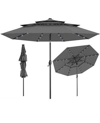 Sugift 10 Feet Solar Patio Umbrella with 32 Led Lights 3-Tier Vented Top