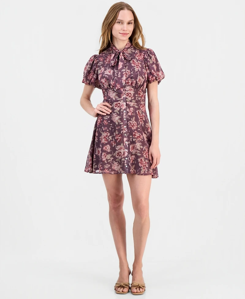 Lulus Women's Jonni Puff-Sleeve Floral-Print Tie-Front Mini Dress