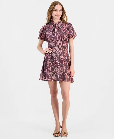 Lulus Women's Jonni Puff-Sleeve Floral-Print Tie-Front Mini Dress