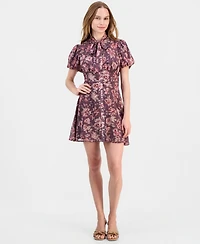 Lulus Women's Jonni Puff-Sleeve Floral-Print Tie-Front Mini Dress