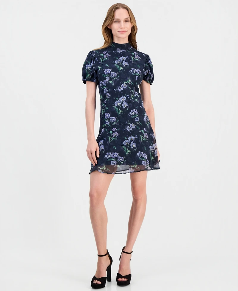 Lulus Juniors' Floral-Print Puff-Sleeve A-Line Lark Tie Back Mini Dress