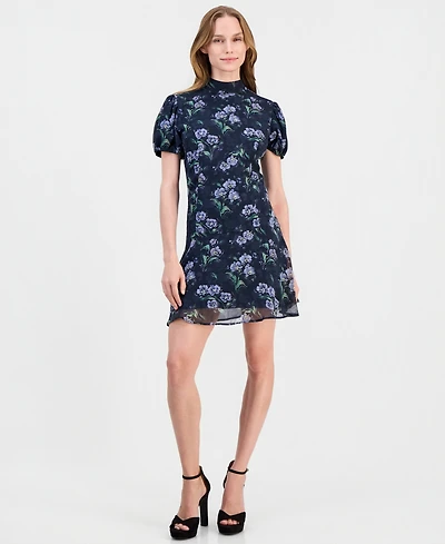 Lulus Juniors' Floral-Print Puff-Sleeve A-Line Lark Tie Back Mini Dress