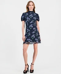 Lulus Juniors' Floral-Print Puff-Sleeve A-Line Lark Tie Back Mini Dress