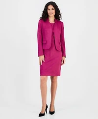 Kasper Womens Faux Suede Collared Open Front Blazer Sleeveless Sheath Dress