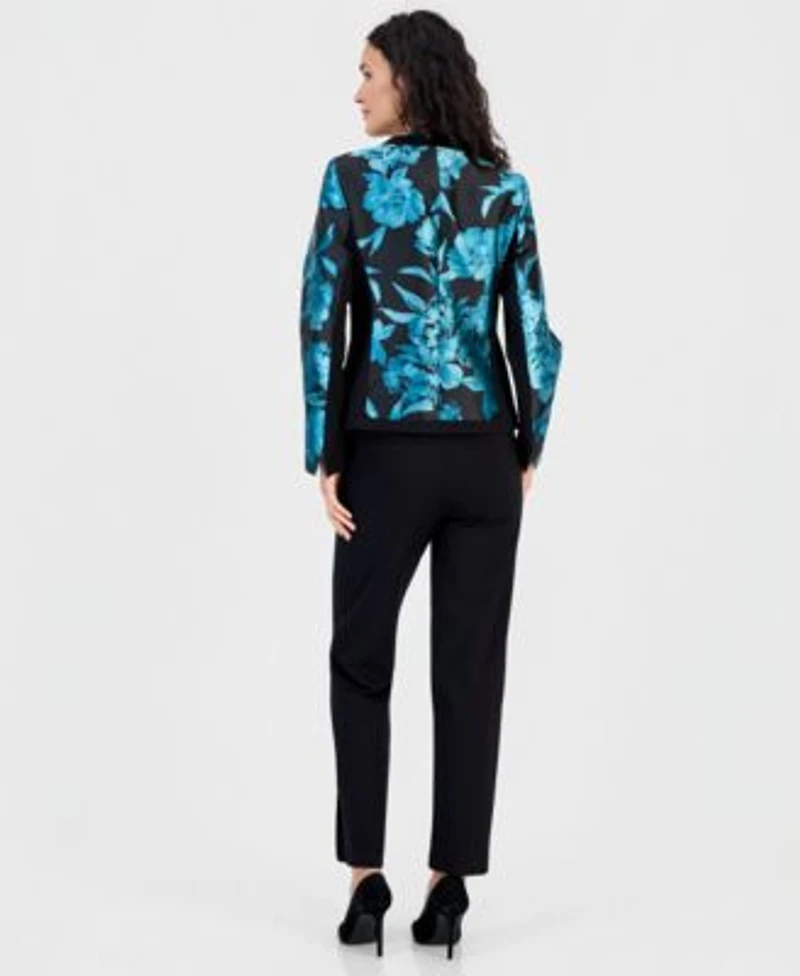 Kasper Womens Framed Floral Jacket Tie Neck Sleeveless Blouse Audrey Straight Leg Trousers