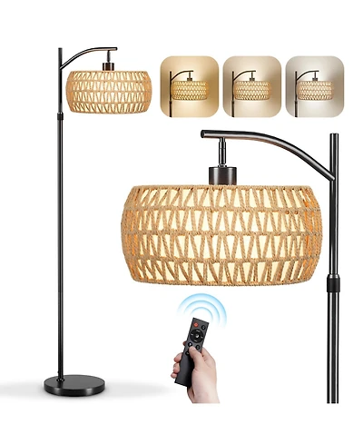 Sugift Dimmable Boho Floor Lamp with Rattan & Linen Drum Shade – Remote & Footswitch Control