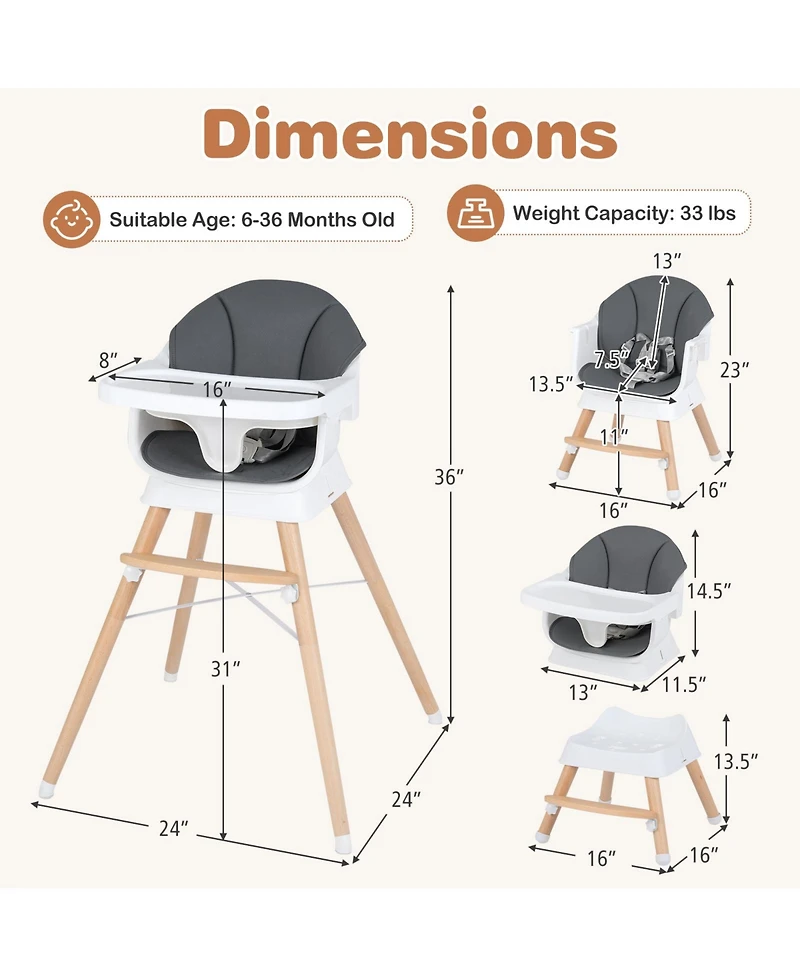 Costway Toddler Solid Wood Feeding Chair Convertible High Chair