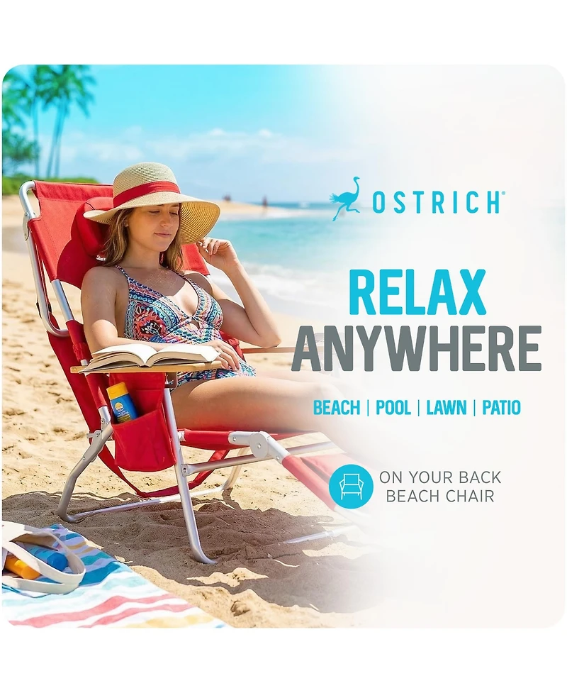 Ostrich The Deluxe 3N1 Lightweight Outdoor Beach Lounge Chair w/ Footrest, Red