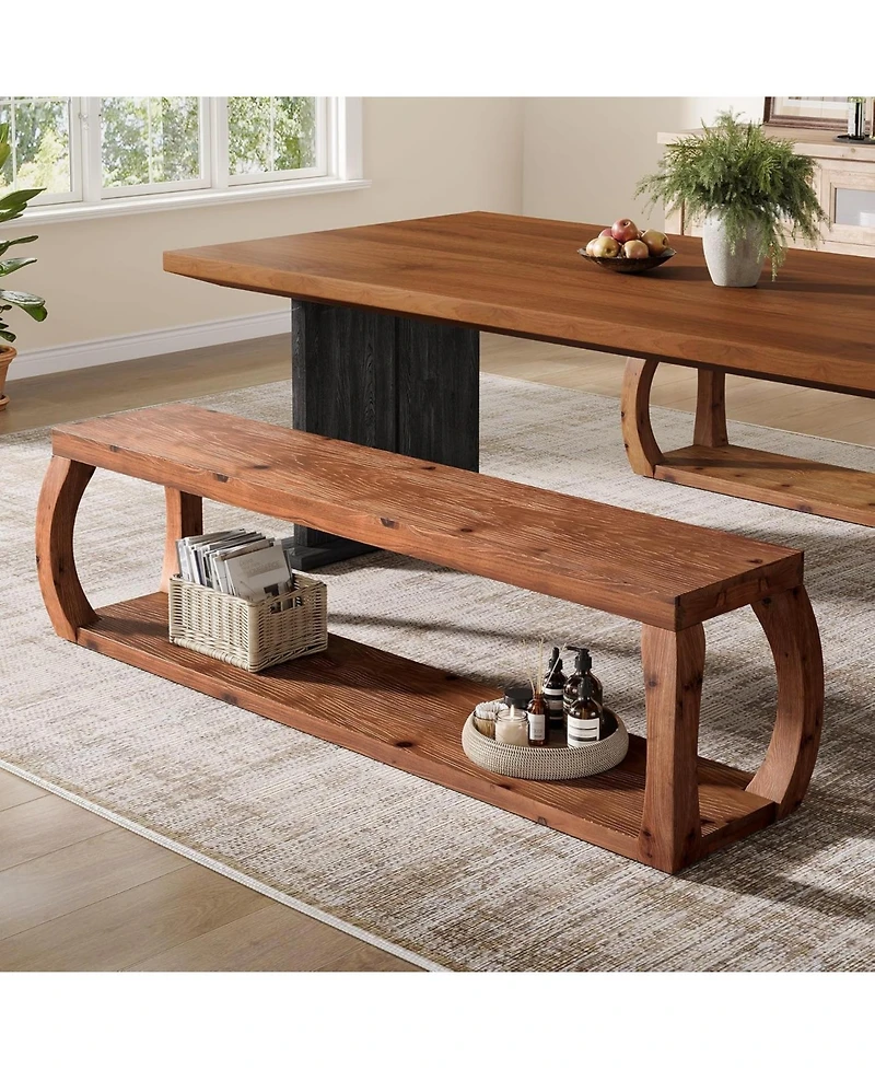 Tribesigns 2-Tier Solid Wood Dining Bench,59"Long Farmhouse Entryway Bench with Open Shelves,Rustic Storage Wooden Seating