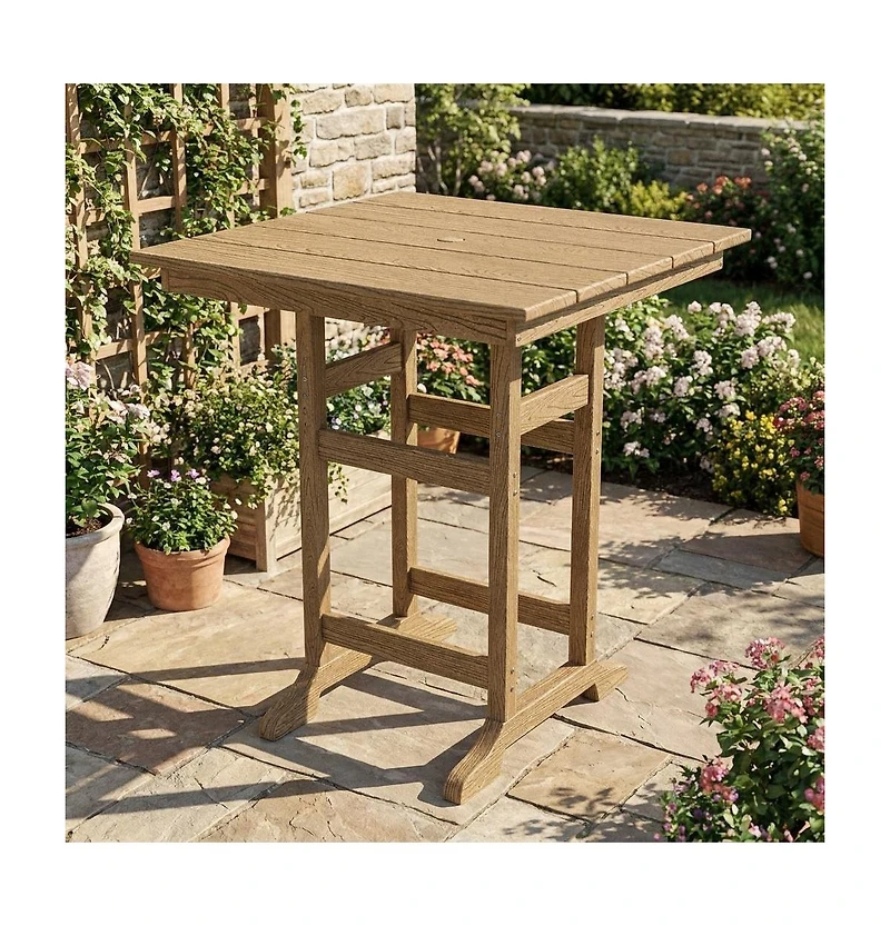 homfan 31.5" Square Hdpe Wood Grain Outdoor Bar Table – 39.6" High Weatherproof Pub Table with Umbrella Hole, 300 lb Capacity for Patio and Poolside