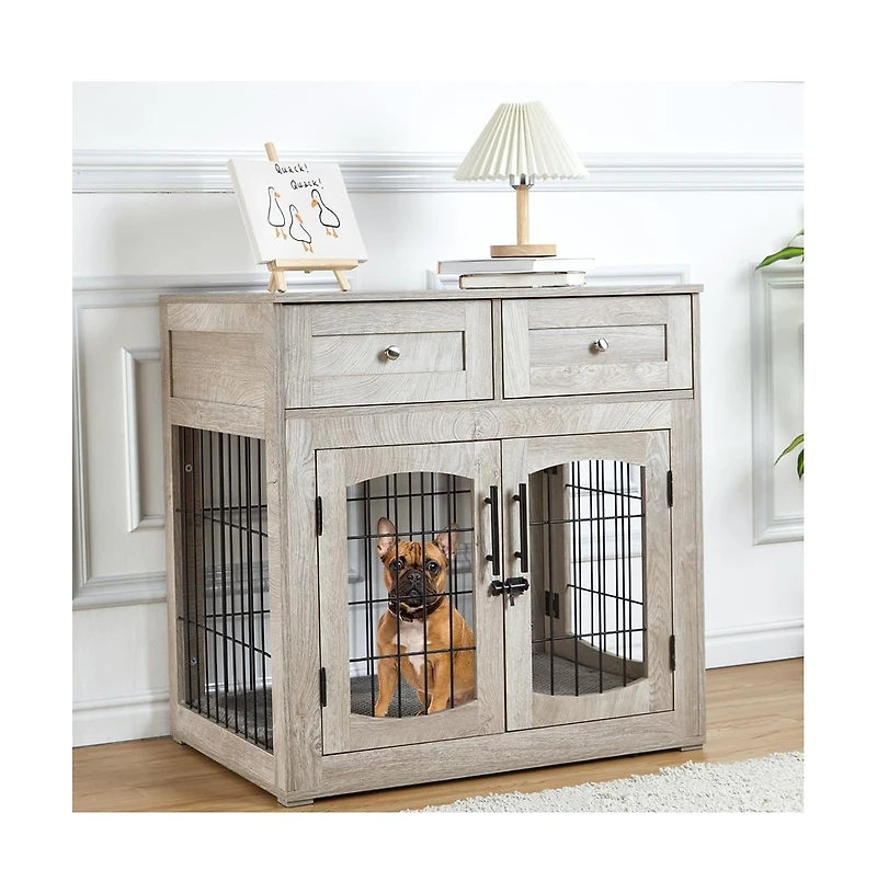 homfan og Crate Furniture with 2 Drawers and 3 Doors, Indoor Kennel End Table for Medium and Large Dogs, Rustic Modern Style