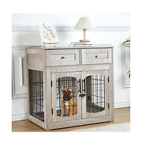 homfan og Crate Furniture with 2 Drawers and 3 Doors, Indoor Kennel End Table for Medium and Large Dogs, Rustic Modern Style
