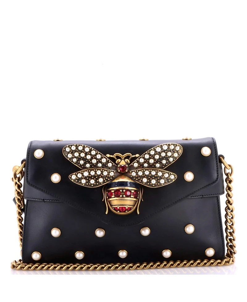 Pre-Owned Gucci Mini Broadway Pearly Bee Shoulder Bag Embellished Leather