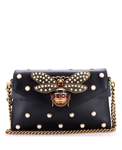 Pre-Owned Gucci Mini Broadway Pearly Bee Shoulder Bag Embellished Leather
