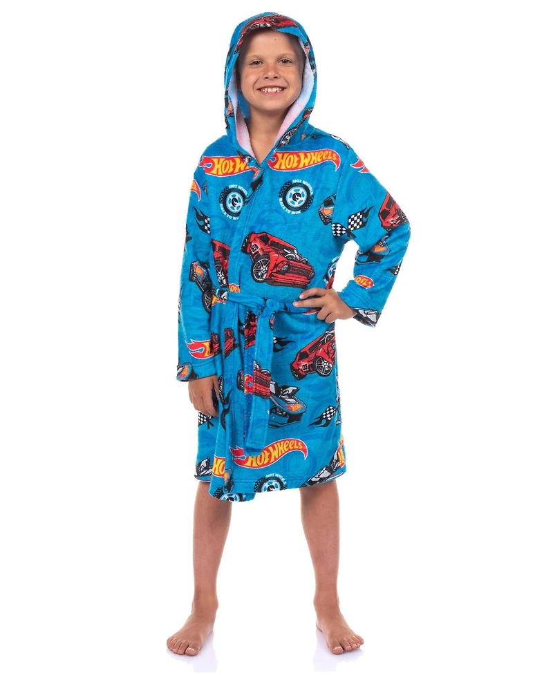 Hot Wheels Robe Boys' 4- 16 Kids Soft Fleece Hooded Bathrobe Front Tie-Closure Loungewear