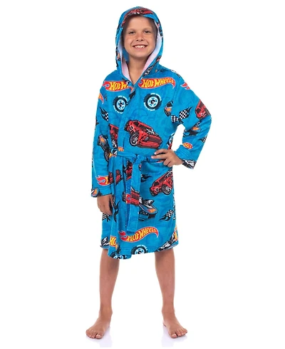 Hot Wheels Robe Boys' 4- 16 Kids Soft Fleece Hooded Bathrobe Front Tie-Closure Loungewear