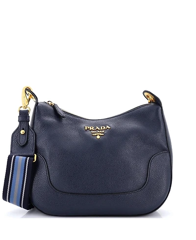 Pre-Owned Prada Medium Striped Strap Zip Hobo Vitello Daino
