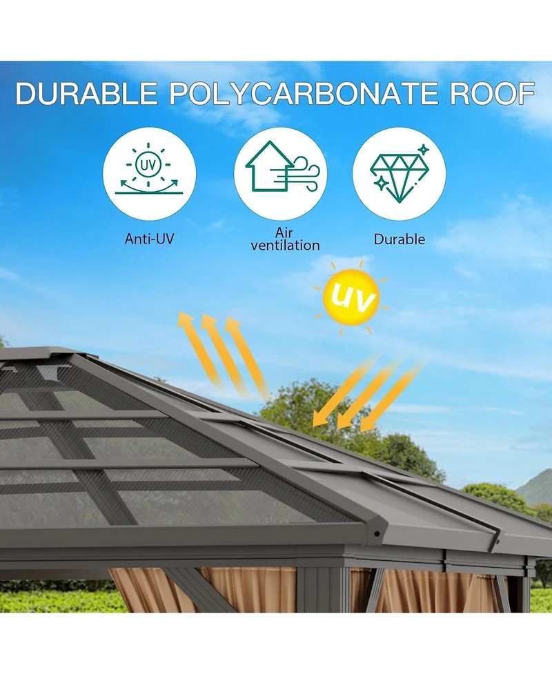 gaomon Hardtop Gazebo, Outdoor Polycarbonate Double Roof Canopy, Aluminum Frame Permanent Pavilion with Curtains and Netting, Sunshade for Garden