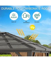 gaomon Hardtop Gazebo, Outdoor Polycarbonate Double Roof Canopy, Aluminum Frame Permanent Pavilion with Curtains and Netting, Sunshade for Garden