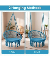 Sugift Macrame Bohemian Swing Hammock Chair with Round Cushion and Metal Rings
