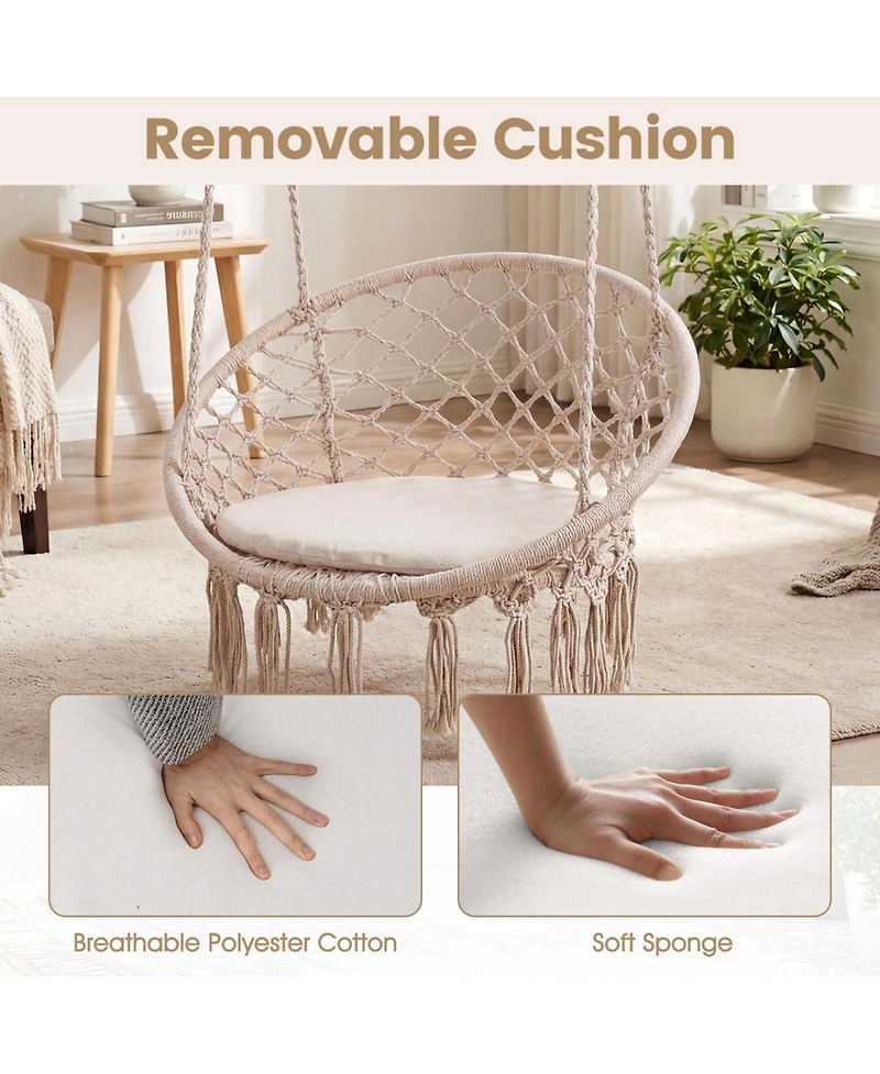 Sugift Macrame Hanging Swing Chair Hammock with Round Cushion and Foldable Frame