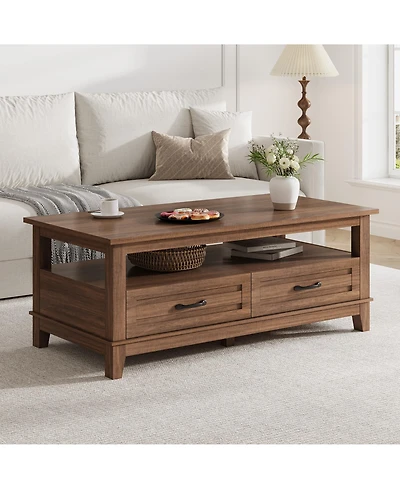 homfan Farmhouse Coffee Table with Drawers, 47.2" Center Table with Open Shelf, 6 Support Legs