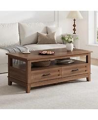 homfan Farmhouse Coffee Table with Drawers, 47.2" Center Table with Open Shelf, 6 Support Legs