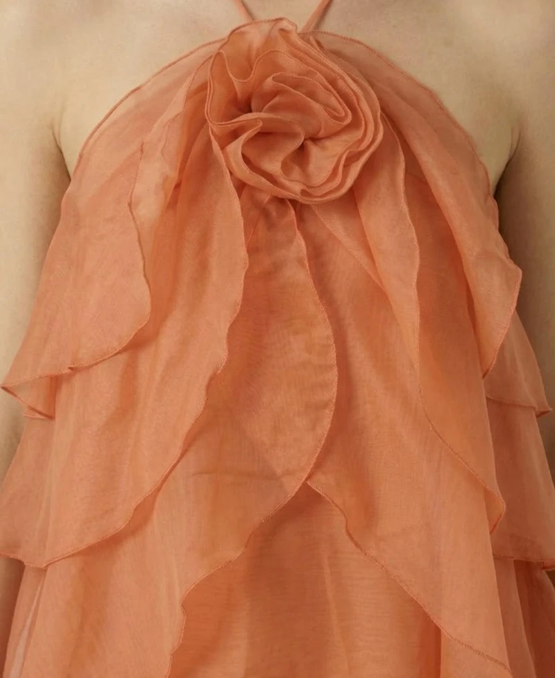 Modenaire Women's Halter Ruffle Chiffon Floral Applique Top