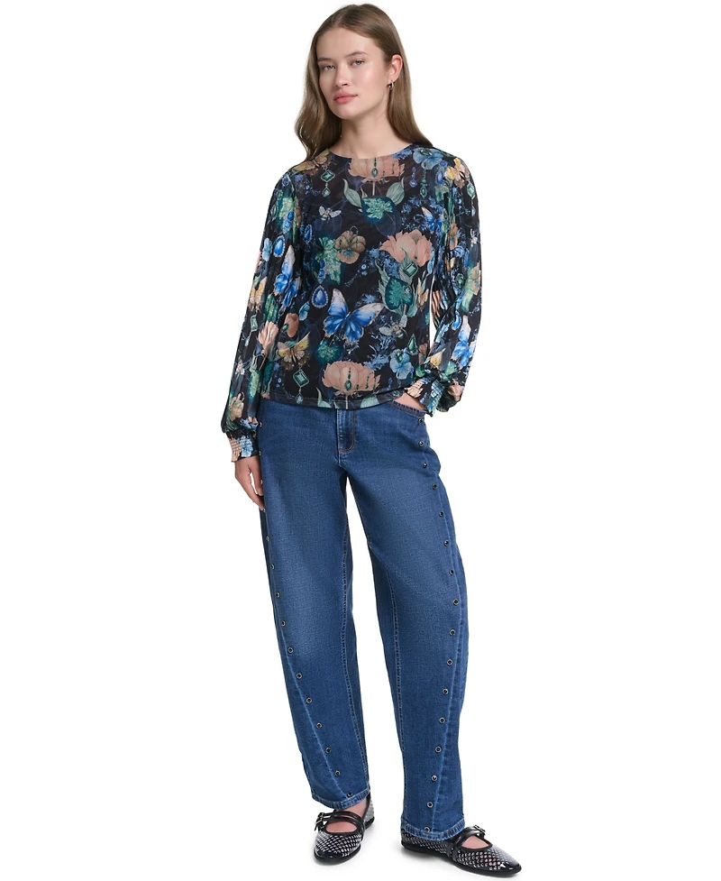 Karl Lagerfeld Paris Women's Mixed Media Printed Mesh Top