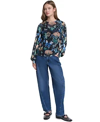 Karl Lagerfeld Paris Women's Mixed Media Printed Mesh Top