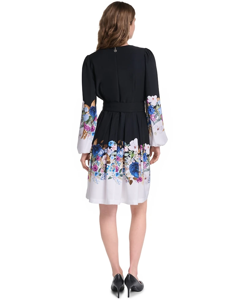 Karl Lagerfeld Paris Women's Floral Long-Sleeve Self-Tie Button-Front Dress
