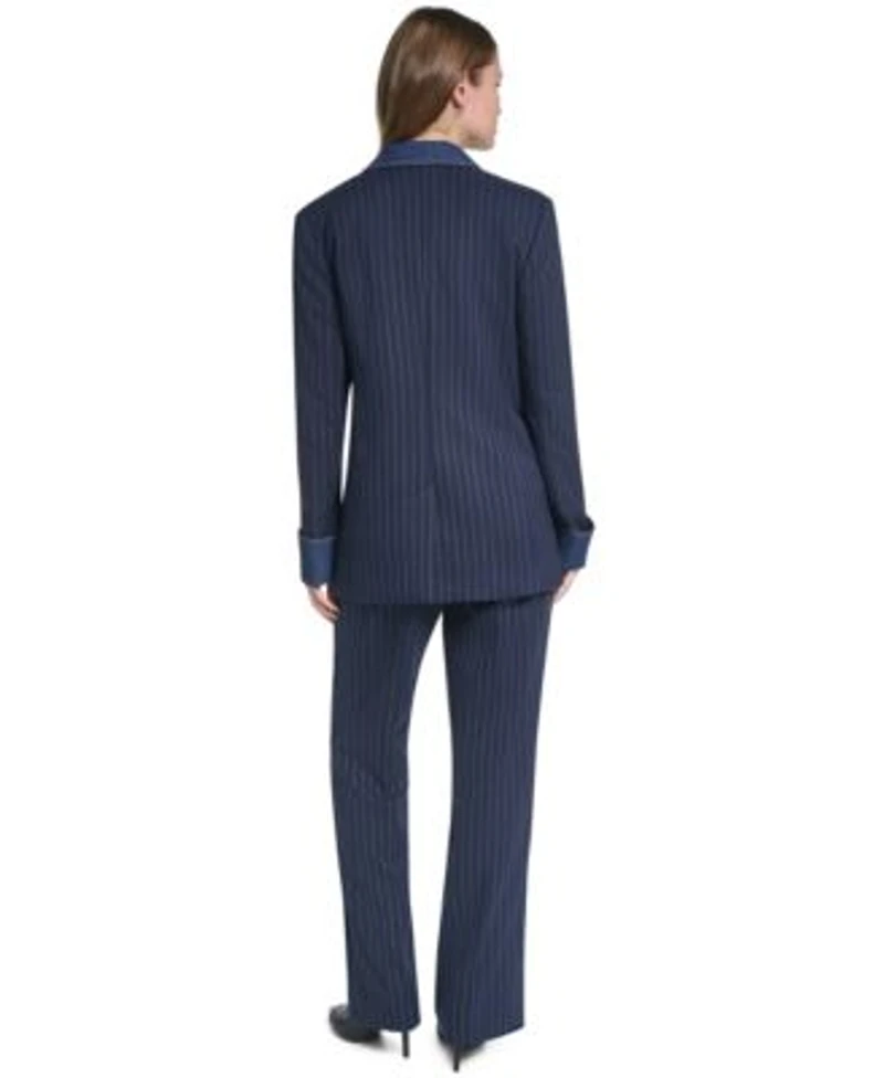 Karl Lagerfeld Paris Womens Button Front Collared Blazer Striped Straight Leg Denim Waistband Pants