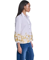 Karl Lagerfeld Paris Women's Gold-Tone Embroidery Puff Sleeve Button-Front Blouse