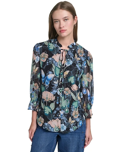 Karl Lagerfeld Paris Women's Ruffle Collar Printed Chiffon Button-Up Blouse