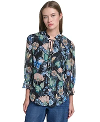 Karl Lagerfeld Paris Women's Ruffle Collar Printed Chiffon Button-Up Blouse