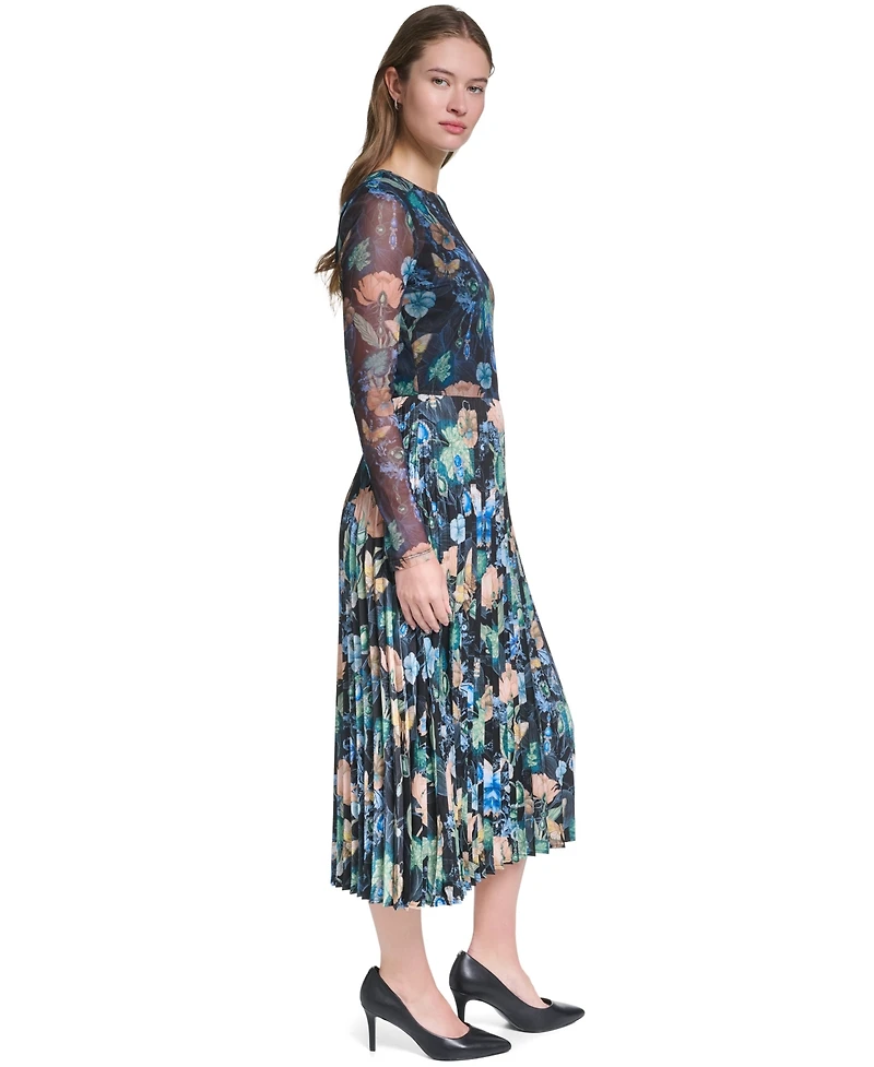 Karl Lagerfeld Paris Women's Printed Mesh Long-Sleeve Crewneck Dress