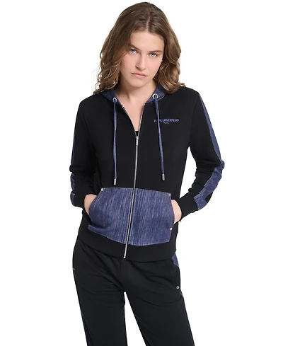 Karl Lagerfeld Paris Women's Zip-Up Denim-Contrast Hooded Jacket