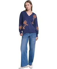 Karl Lagerfeld Paris Women's Floral Embroidery V-Neck Sweater