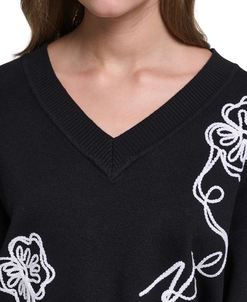Karl Lagerfeld Paris Women's Floral Embroidery V-Neck Sweater