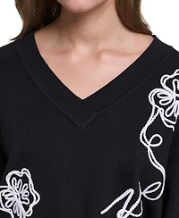 Karl Lagerfeld Paris Women's Floral Embroidery V-Neck Sweater