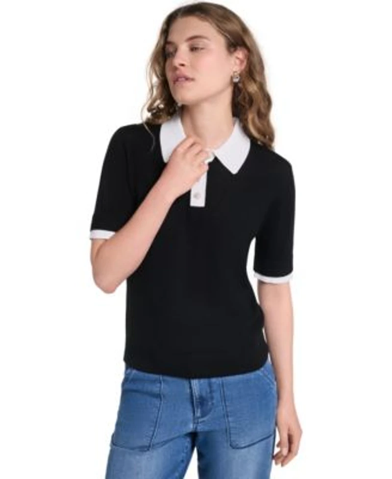 Karl Lagerfeld Paris Womens Short Sleeve Contrast Collar Sweater