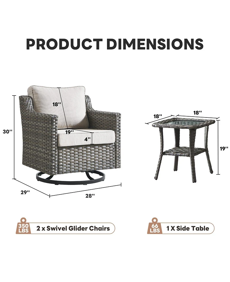 Pocassy 3 Pieces Patio Furniture Set, Swivel Rocker Chairs Wicker Outdoor Bistro Set with Rocking Chair, Thickened Cushions and Table