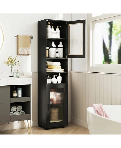 Costway Bathroom Cabinet, Slim Floor Storage Cabinet with 2 Fluted Doors,4 Rubber Feet