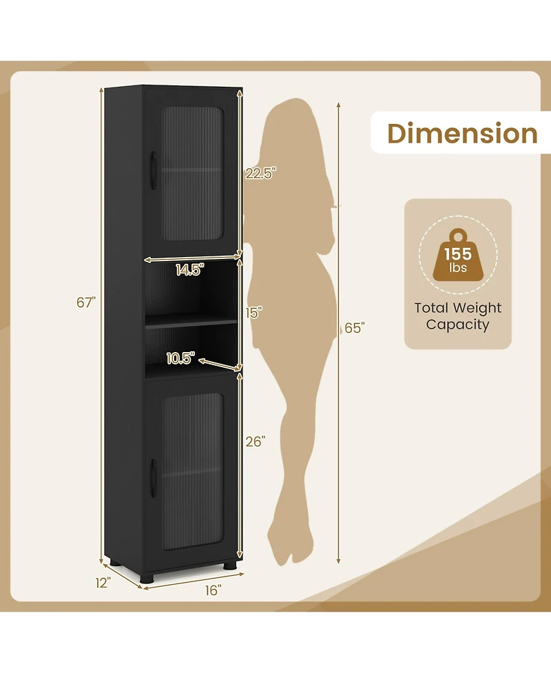 Costway Bathroom Cabinet, Slim Floor Storage Cabinet with 2 Fluted Doors,4 Rubber Feet