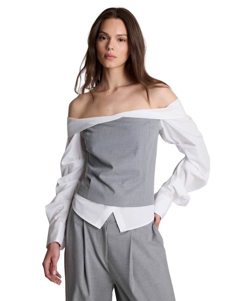 Kenneth Cole Women's Off-The-Shoulder Pleated-Sleeve Bustier Shirt