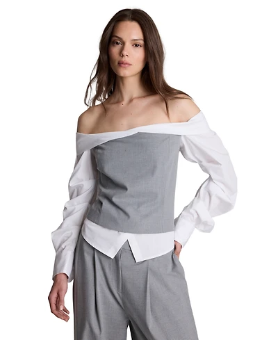 Kenneth Cole Women's Off-The-Shoulder Pleated-Sleeve Bustier Shirt