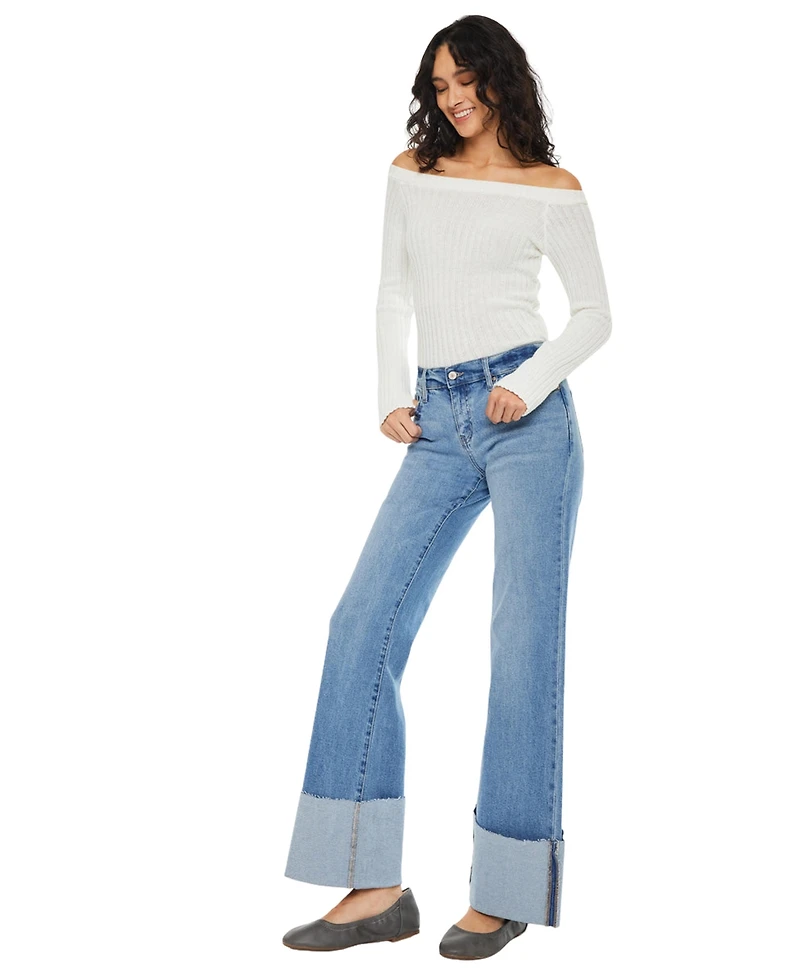 KanCan Women's Emma Mid Rise Wide Flare Jeans