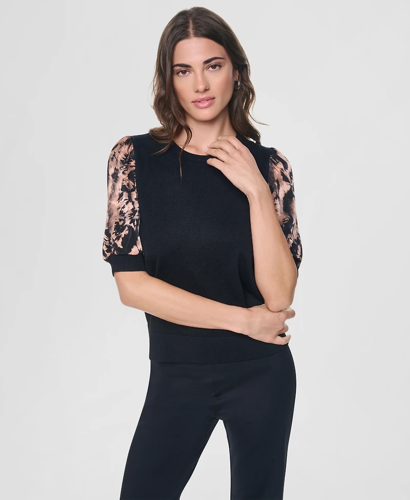 Dkny Women's Printed Twist-Sleeve Mix Media Sweater